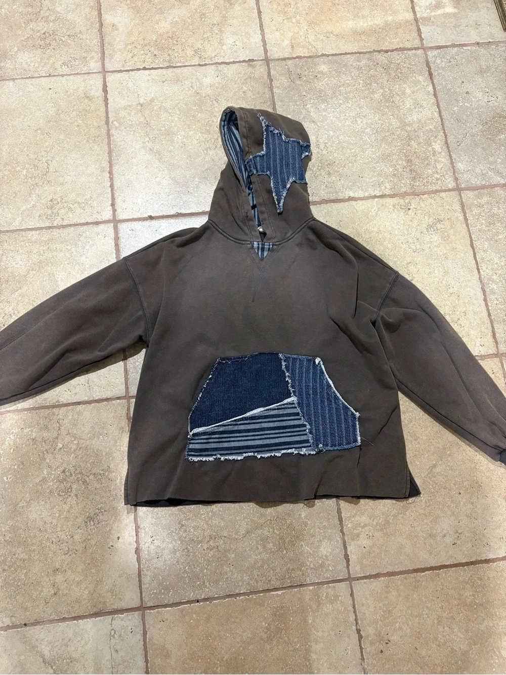 Washed green Hoodie with Denim Patch Details